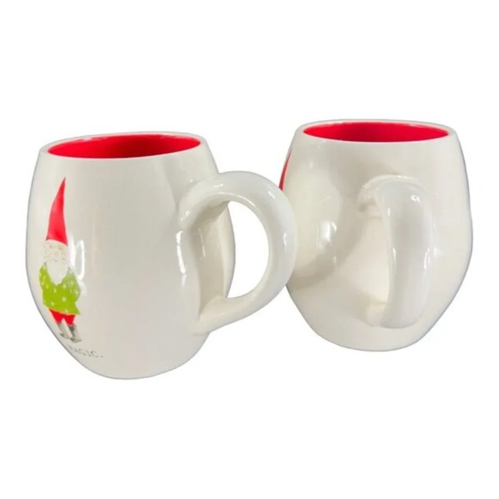 Magenta Rae Dunn Christmas Gnomes Magic Coffee Mug Cup Set‎ 2 Ceramic White Red